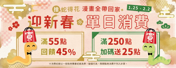 迎新春☆單日消費滿55點回饋45%，滿250點加碼送25點