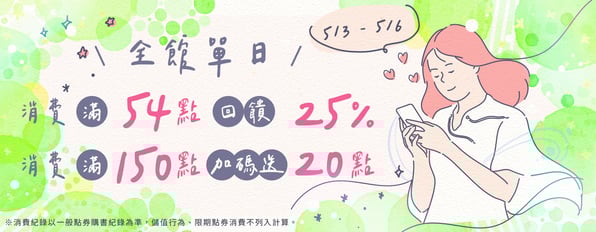 全館單日消費滿54點回饋25%,消費滿150點加碼送20點