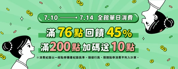 全館單日消費滿76點回饋45%，滿200點加碼送10點