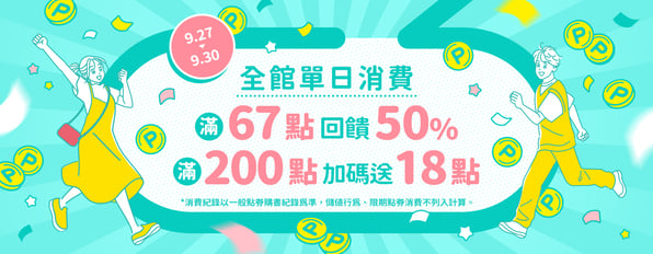 全館單日消費滿67點回饋50%，滿200點加碼送18點