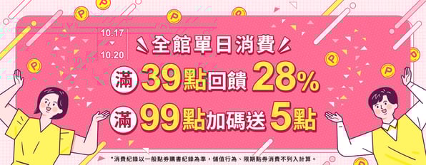 全館單日消費滿39點回饋28%，滿99點加碼送5點