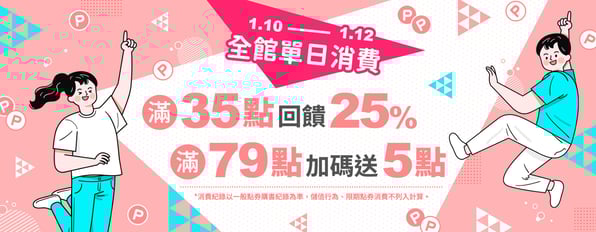 全館單日消費滿35點回饋25%,滿79點加碼送5點